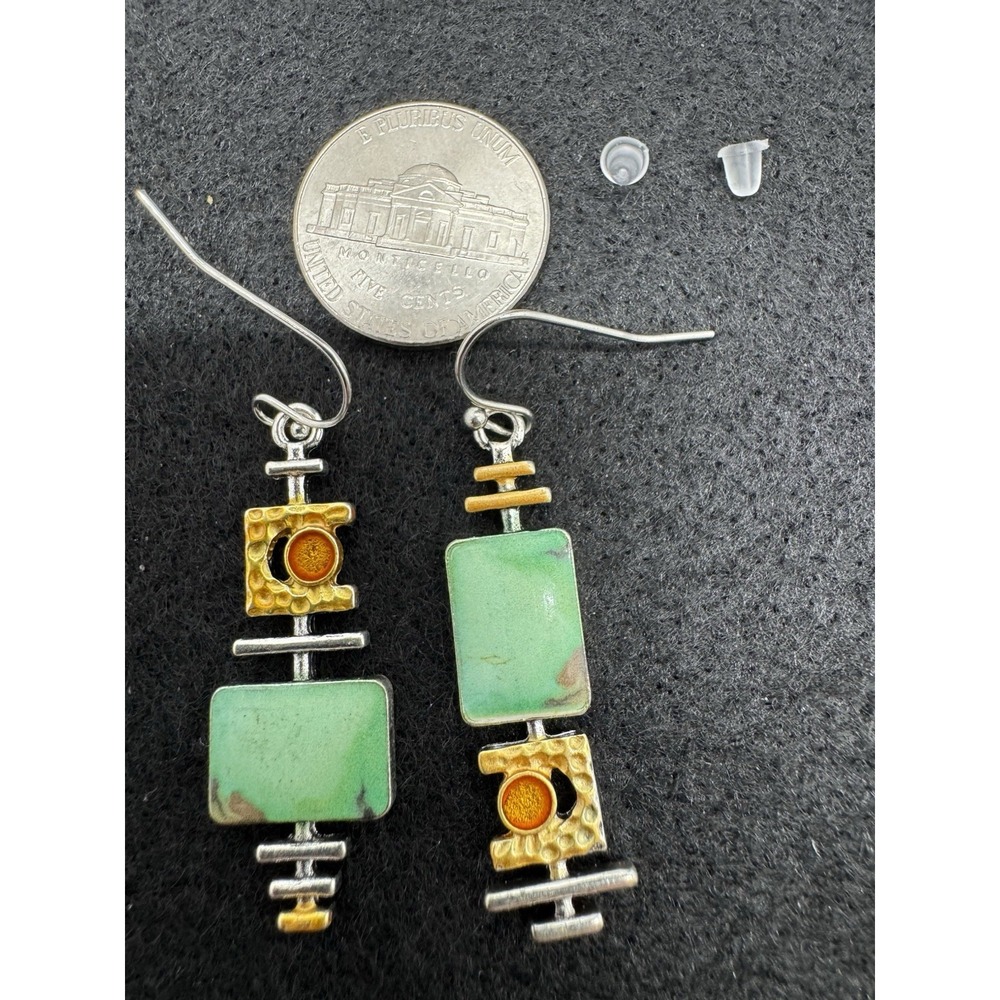 Green Orange Geometric Abstract Dangle Earrings Silver Tone New